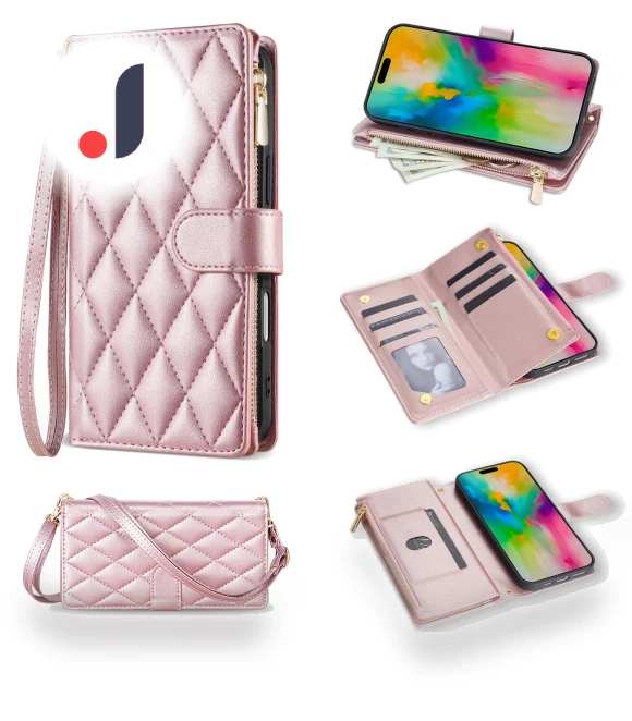 Rhombus Stitching Leather Wallet Phone Cover with Long/Short Strap — Phone Accessories, Smartwatch 2025