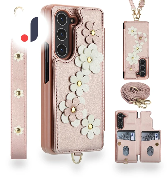 Card Slots Leather Coated TPU Flower Phone Cover with 2 Straps — Phone Accessories, Smartwatch 2025
