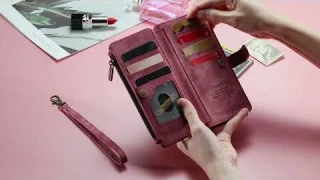 CaseMe Vintage Leather Zipper Folio Wallet Case with Wrist Strap Phone Cover Case