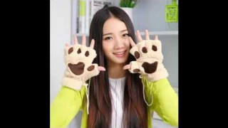 Cute Cat Claw Bear Paw Style Winter Plush Fingerless Gloves Mitten