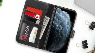 ULAK - Genuine Leather Flip Wallet Case for iPhone 12/12 Pro, Black (RFID Blocking)