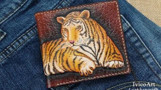 Hand tooled leather wallet, Tiger leather wallet, Handmade leather wallet, Carving leather wallet