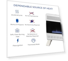 Ventless Propane Gas Blue Flame Space Heater with Thermostat Control — Portable Heating Solutions, ProCom
