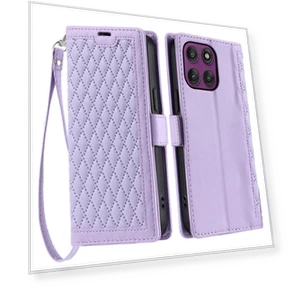 Leather Case Rhombus Texture Wallet Stand Phone Cover with Wrist Strap — Flip Cases, Smartwatch 2025