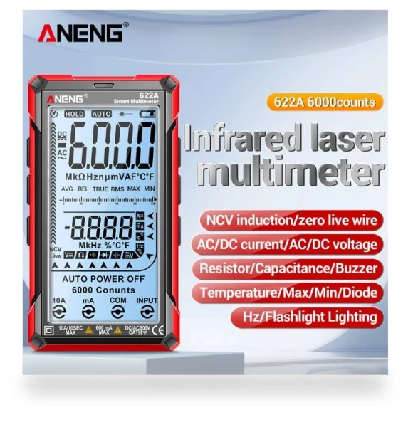 Digital Smart Multimeter 10A Tester Meter Auto Range True RMS DC/AC 6000 Multitester With Laser Lamp Capacitance Ohm — Multimeters & Analyzers, ANENG