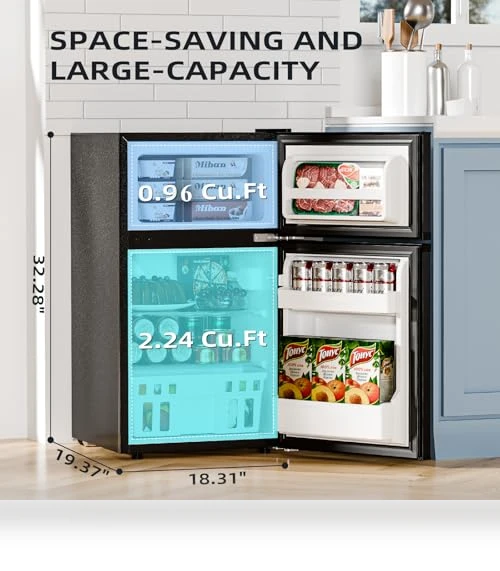 3.2 Cu.Ft Mini Refrigerator with Freezer, Double Door Compact Fridge — Mini Fridges, Antarctic Star