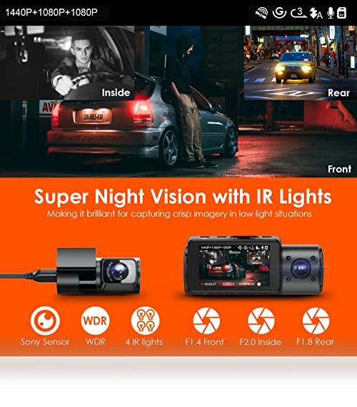 3 Channel Dash Cam with 4K, 1440P, and 1080P Resolution, IR Night Vision, 24 Hours Parking Mode — Dashboard Cameras, VANTRUE