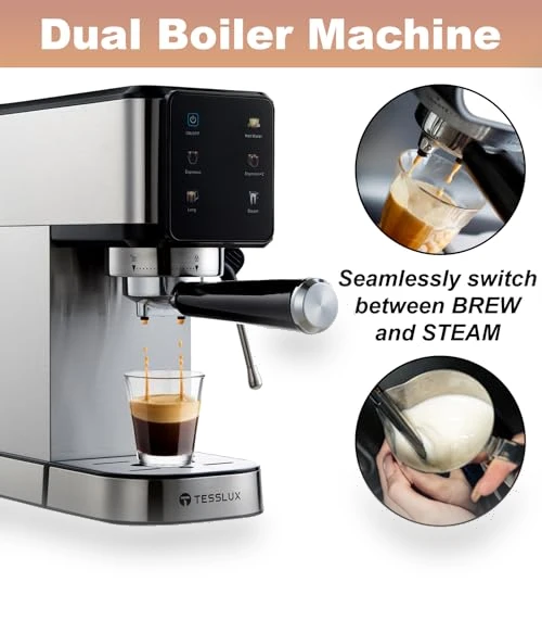 20Bar Espresso Machine with Dual Boiler & Milk Frother — Coffee & Espresso Combos, Tesslux