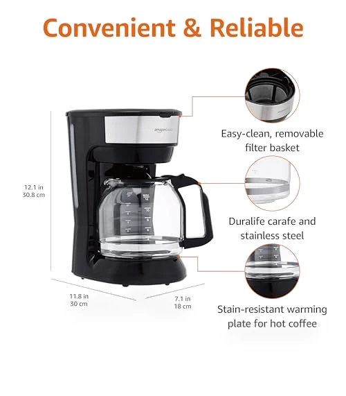 12-Cup Coffee Maker with Reusable Filter, Black & Stainless Steel — Coffee Makers, Amazon Basics