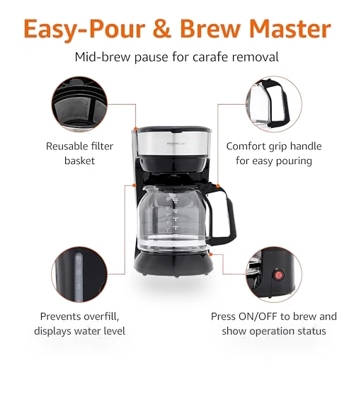 12-Cup Coffee Maker with Reusable Filter, Black & Stainless Steel — Coffee Makers, Amazon Basics