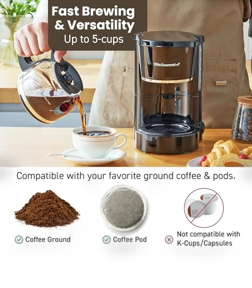 Automatic 5-Cup Brew & Drip Coffee Maker with Reusable Filter — Coffee Makers, Elite Gourmet