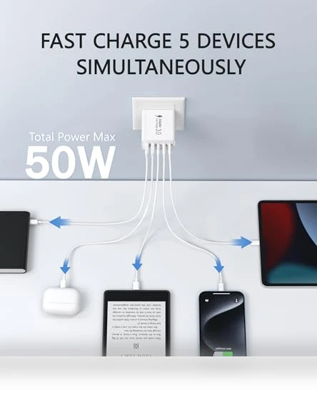 50W 5-Port USB C Wall Charger Brick with Fast Charging — Charging Solutions, Qwinjwin
