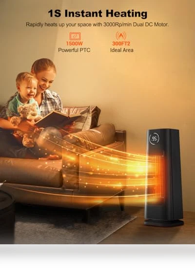1500W Fast Electric Ceramic Space Heater with Thermostat — Home Climate Control, Wind Talk