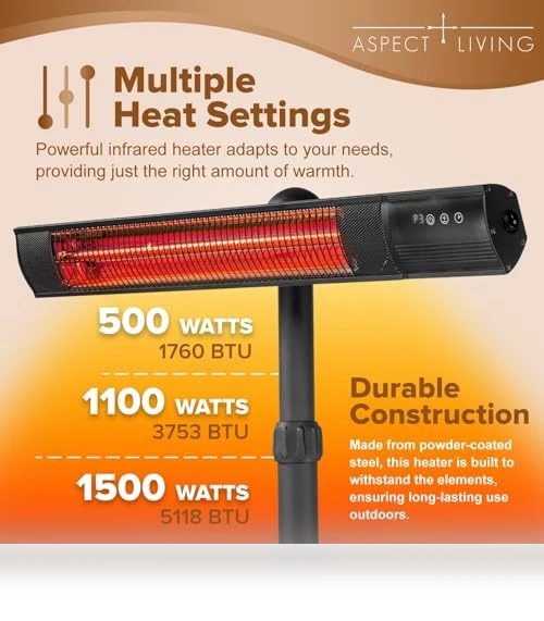 Electric Outdoor/Indoor Infrared Heater, 1500W 3 Settings, Remote Control — Portable Heating Solutions, Aspect Living