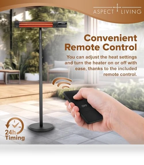 Electric Outdoor/Indoor Infrared Heater, 1500W 3 Settings, Remote Control — Portable Heating Solutions, Aspect Living