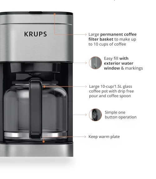 10-Cup Drip Coffee Maker with Reusable Filter — Coffee & Espresso Combos, KRUPS