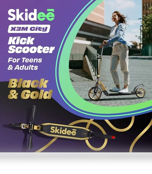 Adjustable Height Folding Scooter with Large Wheels and Anti-Shock Suspension — Push Scooters, SKIDEE