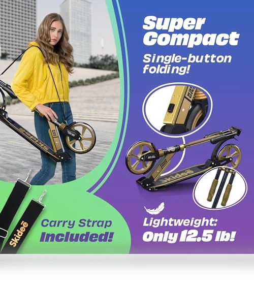 Adjustable Height Folding Scooter with Large Wheels and Anti-Shock Suspension — Push Scooters, SKIDEE