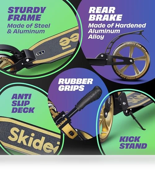 Adjustable Height Folding Scooter with Large Wheels and Anti-Shock Suspension — Push Scooters, SKIDEE