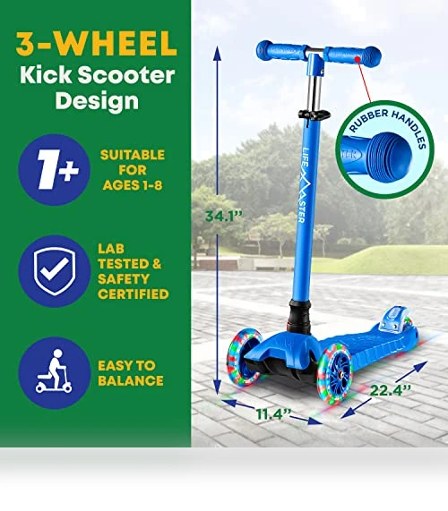 3 Wheel Kick Scooter for Kids with LED Lights and Adjustable Handlebar — Balance Bikes, Lifemaster