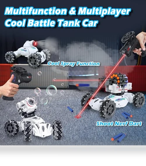 4 Head RC Tank Car with Nerf Bullets, Bubble, Spray, LED Light, Music — Toy Vehicles, VWAHNANA