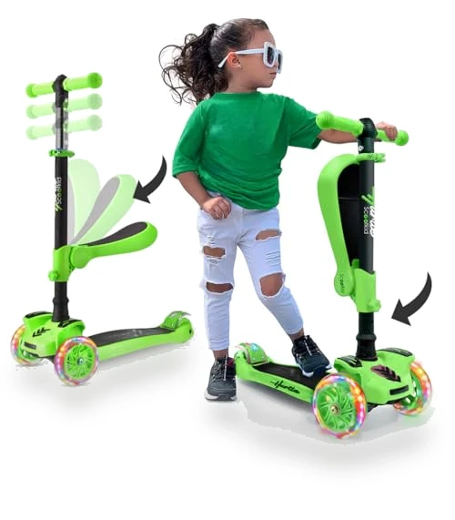 3-Wheeled Scooter for Kids with LED Lights and Foldable Seat — Balance Bikes, Hurtle