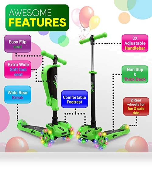 3-Wheeled Scooter for Kids with LED Lights and Foldable Seat — Balance Bikes, Hurtle