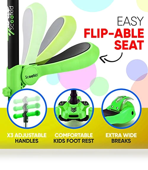 3-Wheeled Scooter for Kids with LED Lights and Foldable Seat — Balance Bikes, Hurtle