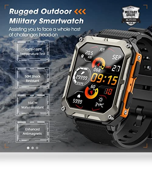 Military Smart Watch with Blood Pressure Monitor, 10 ATM Waterproof Fitness Tracker — Smartwatches, Rgthuhu