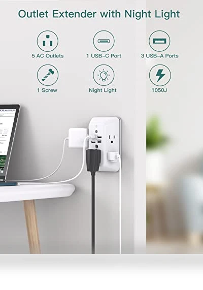 5-Outlet Splitter with 4 USB Ports and Night Light — Power Solutions & Surge Protection, Addtam