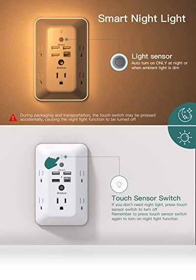 5-Outlet Splitter with 4 USB Ports and Night Light — Power Solutions & Surge Protection, Addtam