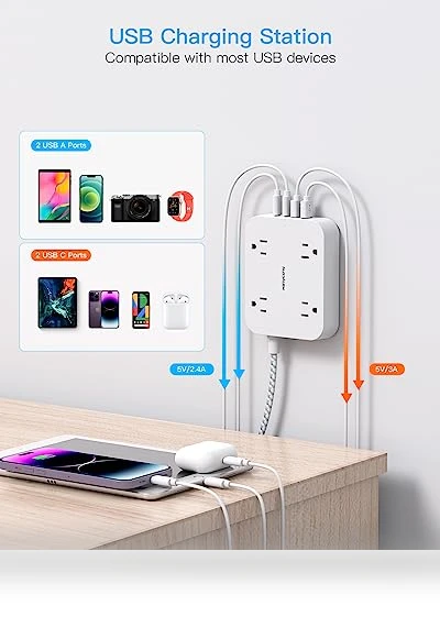 5ft Power Strip with 4 USB Ports (2 USB C) and 4 Outlets — Power Solutions & Surge Protection, HANYCONY