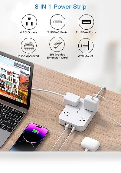5ft Power Strip with 4 USB Ports (2 USB C) and 4 Outlets — Power Solutions & Surge Protection, HANYCONY
