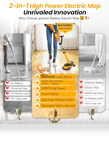 6000mAh Battery Electric Mop with Smart Display and LED Light — Cordless Vacuums & Sweepers, qimedo
