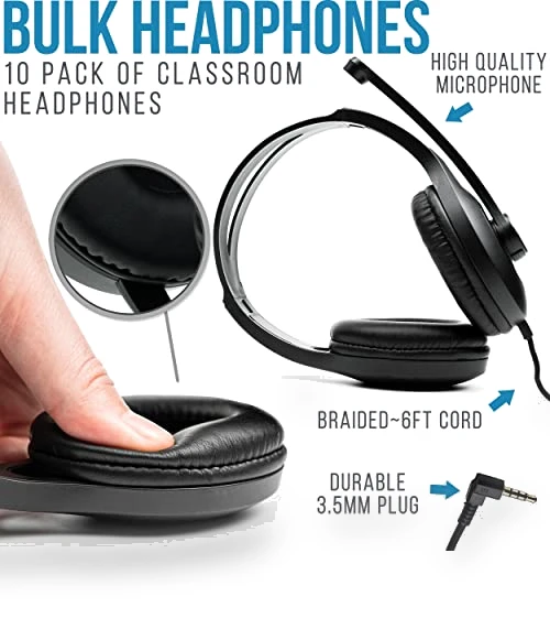 Classroom Headphones With Microphone (10 Pack) - Durable On-Ear Design for Students — In-Ear Headphones, Barks