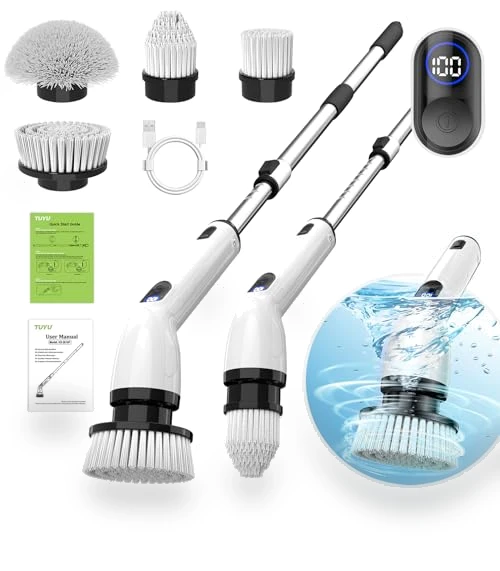 Electric Spin Scrubber with Adjustable Handle, 4 Brush Heads, IPX7 Waterproof — Brushes, TUYU