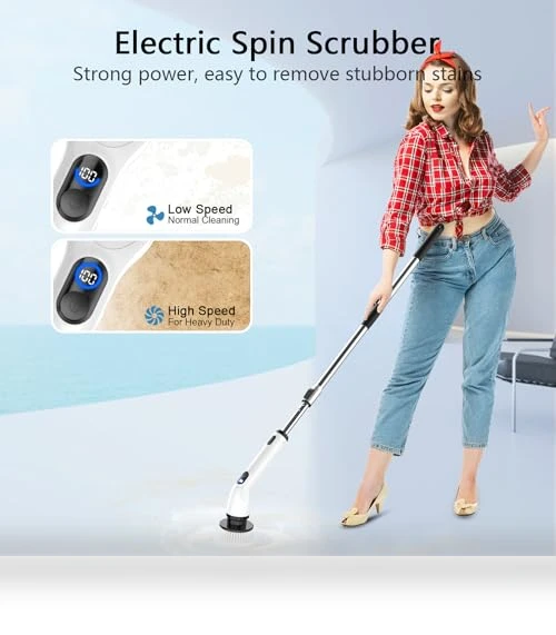 Electric Spin Scrubber with Adjustable Handle, 4 Brush Heads, IPX7 Waterproof — Brushes, TUYU