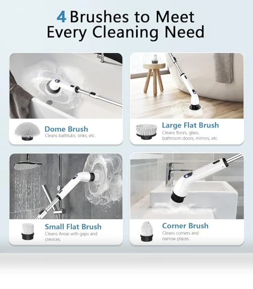 Electric Spin Scrubber with Adjustable Handle, 4 Brush Heads, IPX7 Waterproof — Brushes, TUYU
