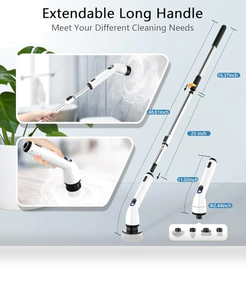 Electric Spin Scrubber with Adjustable Handle, 4 Brush Heads, IPX7 Waterproof — Brushes, TUYU