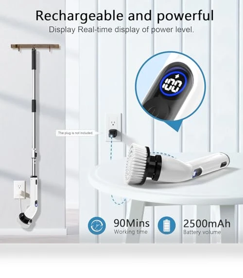 Electric Spin Scrubber with Adjustable Handle, 4 Brush Heads, IPX7 Waterproof — Brushes, TUYU