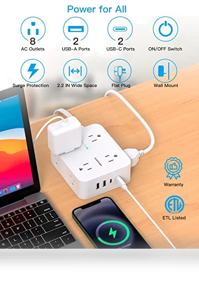 Surge Protector Power Strip with 8 Outlets and 4 USB Ports — Power Solutions & Surge Protection, HANYCONY