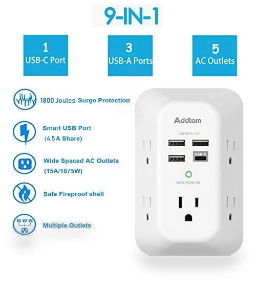 USB Wall Charger Surge Protector 5 Outlet Extender with 4 USB Charging Ports — Power Solutions & Surge Protection, Addtam