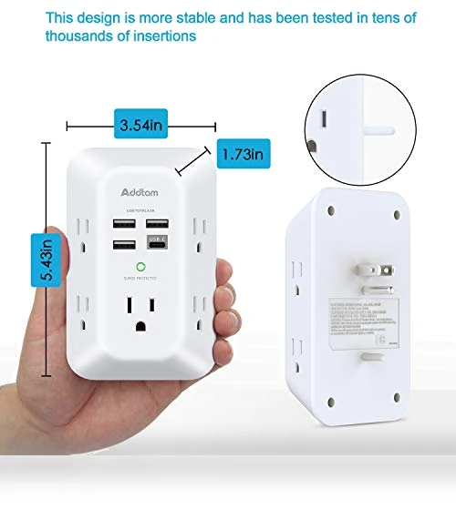 USB Wall Charger Surge Protector 5 Outlet Extender with 4 USB Charging Ports — Power Solutions & Surge Protection, Addtam