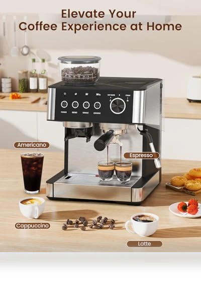 20 Bar Espresso Machine with Built-in Grinder and Milk Frother — Coffee & Espresso Combos, Electactic