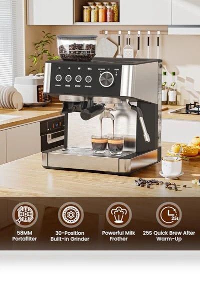 20 Bar Espresso Machine with Built-in Grinder and Milk Frother — Coffee & Espresso Combos, Electactic