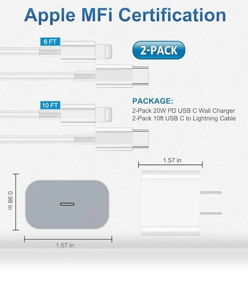 Fast Charging Type C Wall Charger Block with USB C to Lightning Cable — Lightning, FEEL2NICE