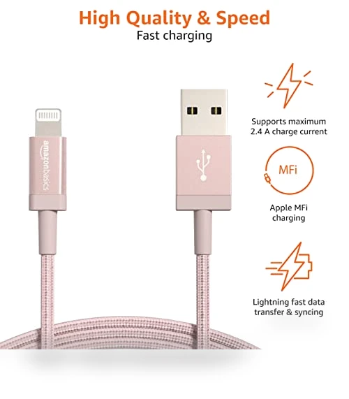 Nylon Braided USB-C to Lightning Charger Cable, MFi Certified, 6 Foot — Lightning, Amazon Basics