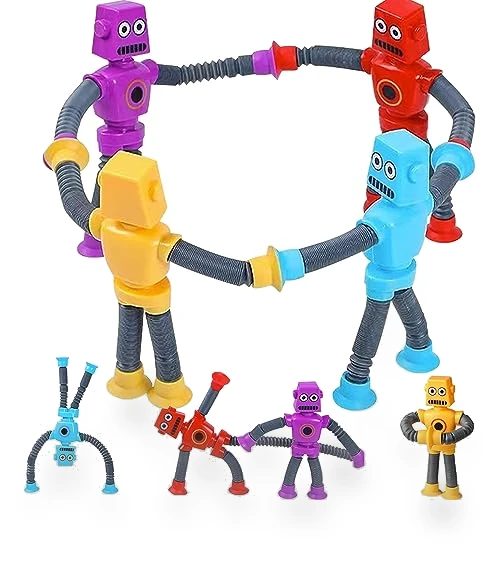 Suction Cup Robot Toy for Kids - 4 Pack Sensory Pop Tubes Robots — Infant & Early Childhood Playthings, Limpskys