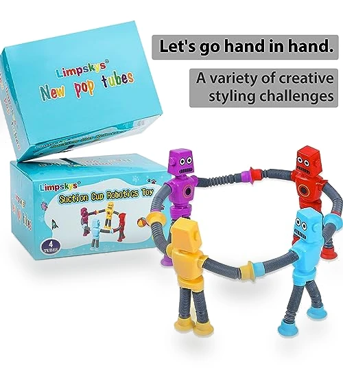 Suction Cup Robot Toy for Kids - 4 Pack Sensory Pop Tubes Robots — Infant & Early Childhood Playthings, Limpskys