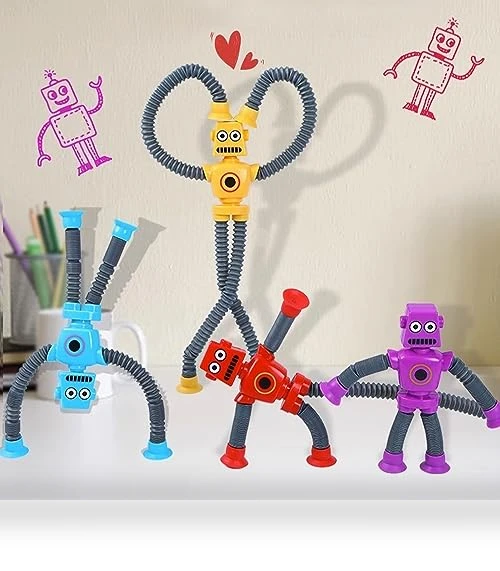 Suction Cup Robot Toy for Kids - 4 Pack Sensory Pop Tubes Robots — Infant & Early Childhood Playthings, Limpskys